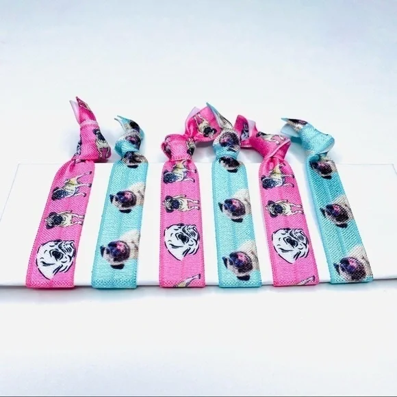 2/$10 Pink Blue Pug Puppy Hair Tie Elastics - Picture 4 of 5